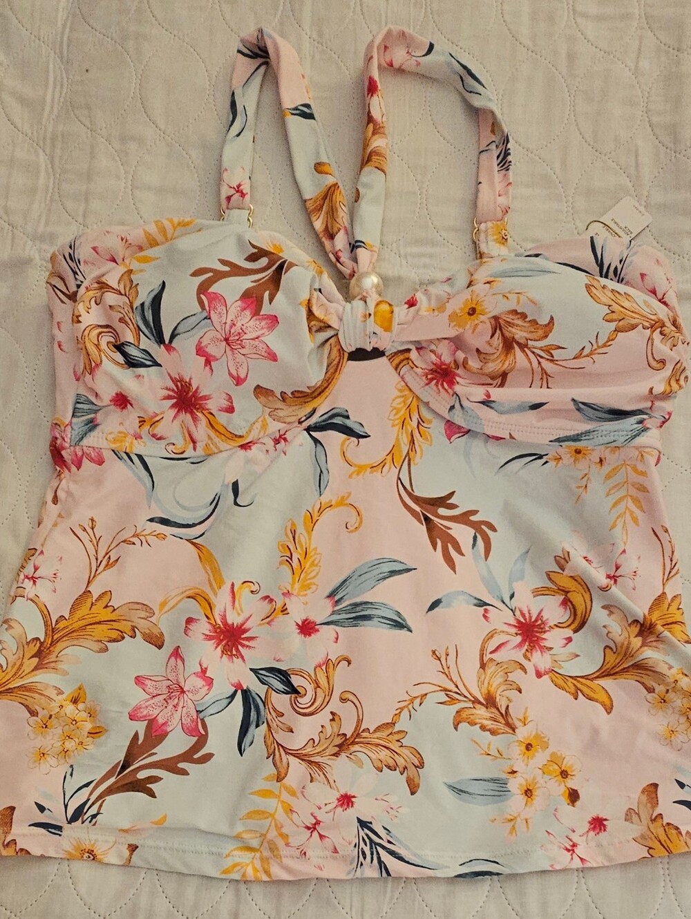 Mynah- Floral Pink & White Tankini Top with Adjustable Straps